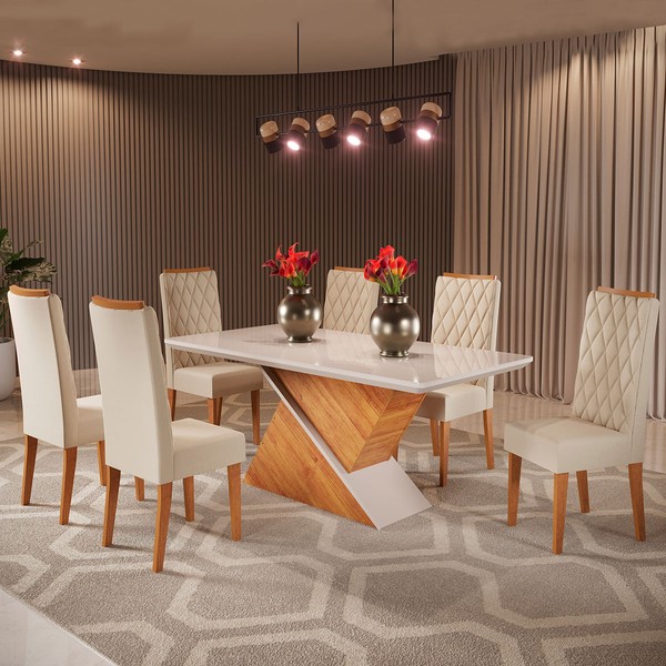Mesa de Jantar 6 Lugares Porto Seguro com Vidro Mel/Nude/Off White - Panorama Móveis