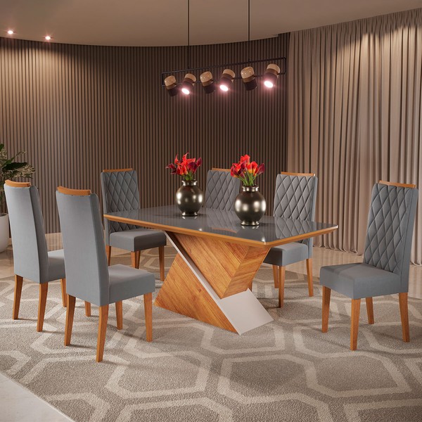 Mesa de Jantar 6 Lugares Porto Seguro com Vidro Mel/Veludo Cinza/Grafite - Panorama Móveis