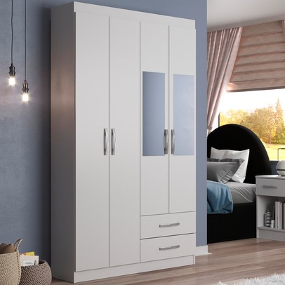 Guarda-Roupa Solteiro Atalaia 4 Portas 2 Gavetas com Espelho Branco - Evidência Móveis