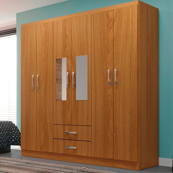 Guarda-Roupa Solteiro Atalaia 6 Portas 2 Gavetas com Espelho Cinamomo - Evidência Móveis