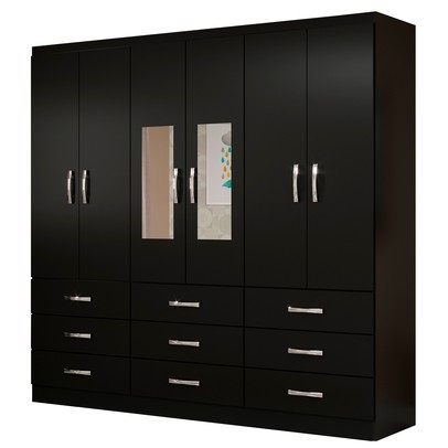 Guarda-Roupa Solteiro Bergamo 6 Portas 9 Gavetas com Espelho Preto - Evidencia Móveis