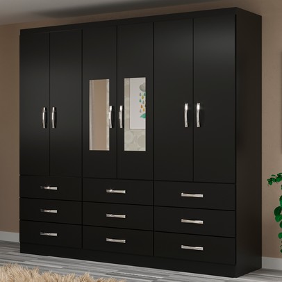 Guarda-Roupa Solteiro Bergamo 6 Portas 9 Gavetas com Espelho Preto - Evidencia Móveis