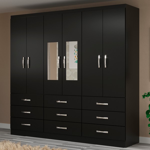 Guarda-Roupa Solteiro Bergamo 6 Portas 9 Gavetas com Espelho Preto - Evidencia Móveis