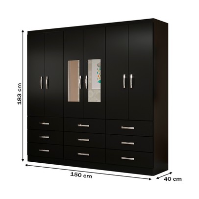 Guarda-Roupa Solteiro Bergamo 6 Portas 9 Gavetas com Espelho Preto - Evidencia Móveis