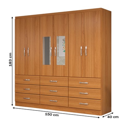 Guarda-Roupa Solteiro Bergamo 6 Portas 9 Gavetas com Espelho Cinamomo - Evidencia Móveis