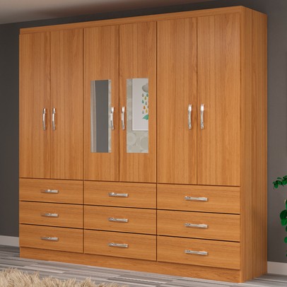 Guarda-Roupa Solteiro Bergamo 6 Portas 9 Gavetas com Espelho Cinamomo - Evidencia Móveis