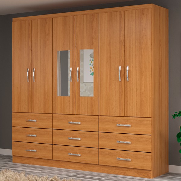Guarda-Roupa Solteiro Bergamo 6 Portas 9 Gavetas com Espelho Cinamomo - Evidencia Móveis
