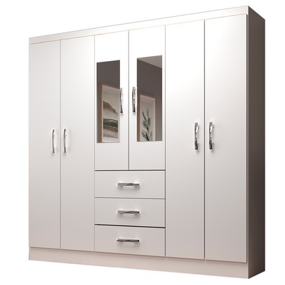 Guarda-Roupa Solteiro Sevilha 6 Portas 3 Gavetas com Espelho Branco - Evidencia Móveis