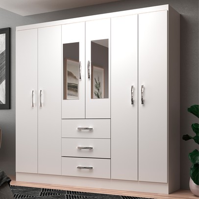 Guarda-Roupa Solteiro Sevilha 6 Portas 3 Gavetas com Espelho Branco - Evidencia Móveis