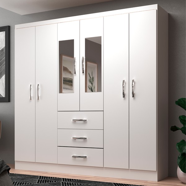 Guarda-Roupa Solteiro Sevilha 6 Portas 3 Gavetas com Espelho Branco - Evidencia Móveis