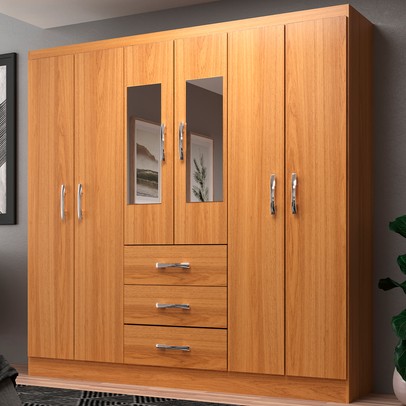 Guarda-Roupa Solteiro Sevilha 6 Portas 3 Gavetas com Espelho Cinamomo - Evidencia Móveis