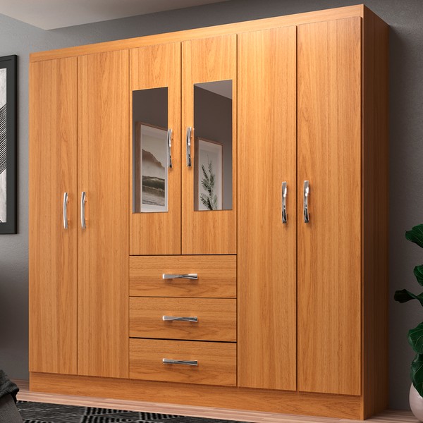 Guarda-Roupa Solteiro Sevilha 6 Portas 3 Gavetas com Espelho Cinamomo - Evidencia Móveis
