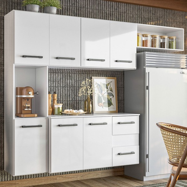 Cozinha Compacta Suspensa Juliete 7 Portas 2 Gavetas Branco - Nicioli