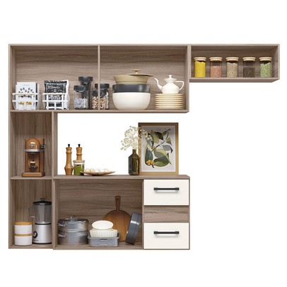 Cozinha Compacta Suspensa Juliete 7 Portas 2 Gavetas Carvalho Nature/Off White Cristal - Nicioli