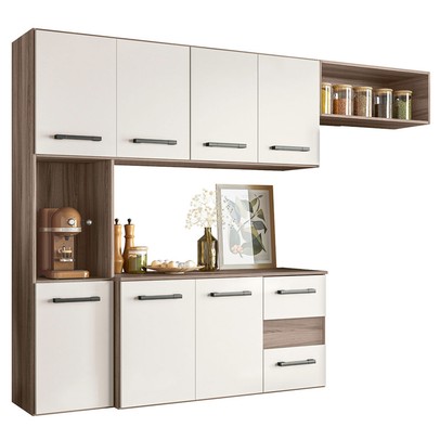 Cozinha Compacta Suspensa Juliete 7 Portas 2 Gavetas Carvalho Nature/Off White Cristal - Nicioli