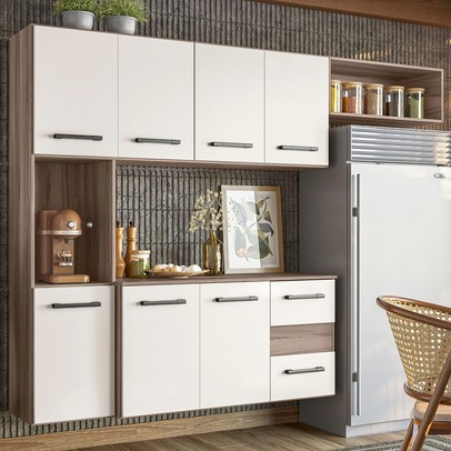 Cozinha Compacta Suspensa Juliete 7 Portas 2 Gavetas Carvalho Nature/Off White Cristal - Nicioli