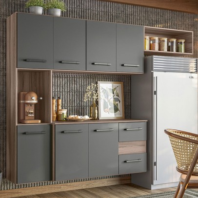 Cozinha Compacta Suspensa Juliete 7 Portas 2 Gavetas Carvalho Nature/Chumbo - Nicioli