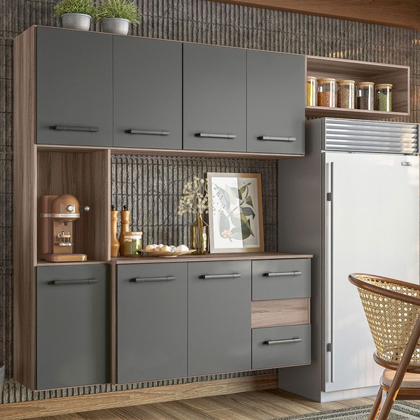 Cozinha Compacta Suspensa Juliete 7 Portas 2 Gavetas Carvalho Nature/Chumbo - Nicioli