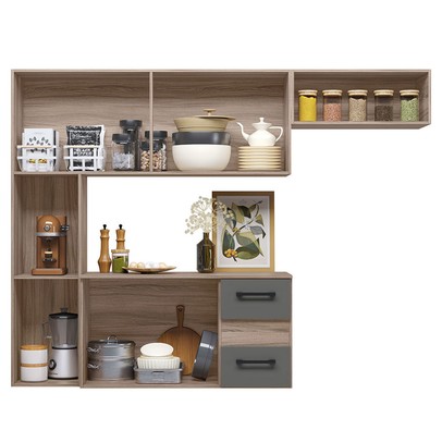 Cozinha Compacta Suspensa Juliete 7 Portas 2 Gavetas Carvalho Nature/Chumbo - Nicioli