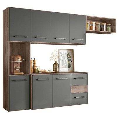 Cozinha Compacta Suspensa Juliete 7 Portas 2 Gavetas Carvalho Nature/Chumbo - Nicioli