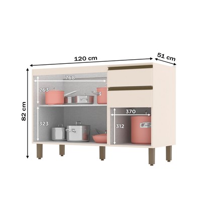Balcão de Cozinha para Pia 120 Cm Connect 3 Portas 2 Gavetas 100% Mdf Off White C66 - Henn