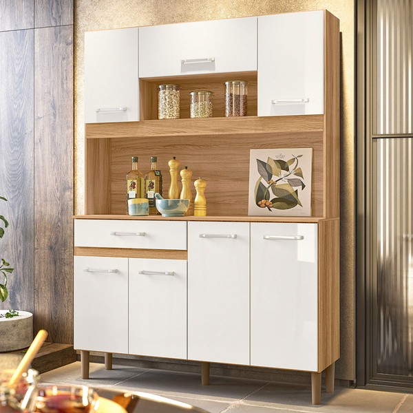 Cozinha Compacta Magazin 7 Portas 1 Gaveta Freijó/Off White Cristal - Nicioli