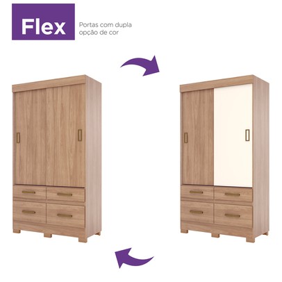 Guarda-Roupa Solteiro 2 Portas de Correr 4 Gavetas Flex Jequitibá Brilho/Off White Be25 - Briz