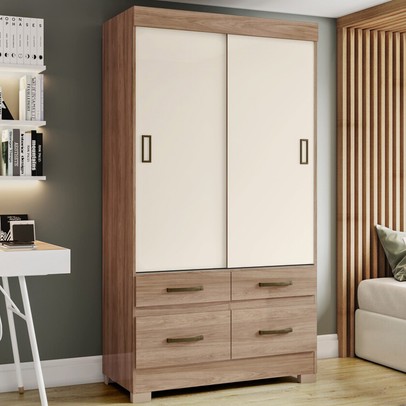 Guarda-Roupa Solteiro 2 Portas de Correr 4 Gavetas Flex Jequitibá Brilho/Off White Be25 - Briz