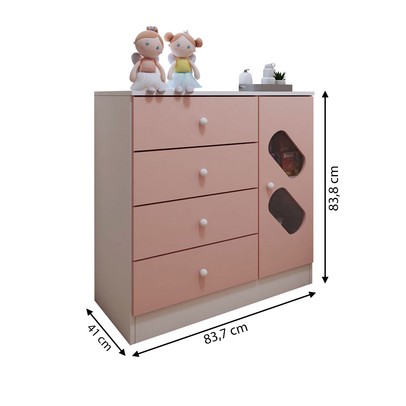 Cômoda Infantil Escotilha 1 Porta 4 Gavetas Branco/Rosa - Panorama Móveis