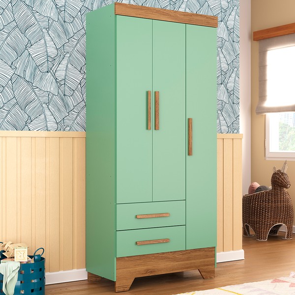 Guarda-Roupa Infantil Doce Sonho 3 Portas 2 Gavetas Verde/Nature - Panorama Móveis