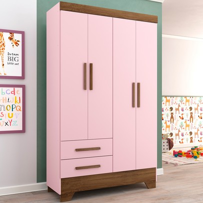 Guarda-Roupa Infantil 4 Portas 2 Gavetas Rosa/Nature - Panorama Móveis