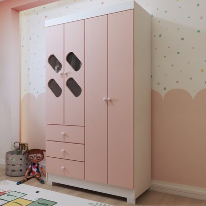 Guarda-Roupa Infantil Escotilha 4 Portas 3 Gavetas Branco/Rosa - Panorama Móveis