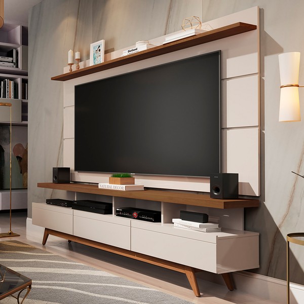 Rack com Painel para TV Até 72 Polegadas Vivare Wood 3 Gavetas Off White/Freijó - Giga Móveis