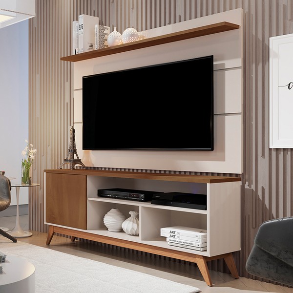 Rack com Painel para TV Até 50 Polegadas Malbec 1 Porta 1 Prateleira Off White/Freijó - Giga Móveis