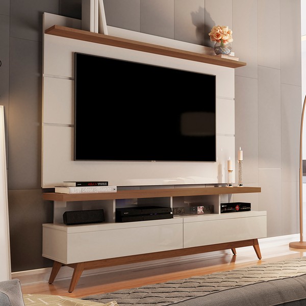 Rack com Painel para TV Até 70 Polegadas Vivare Wood 2 Gavetas Off White/Freijó - Giga Móveis