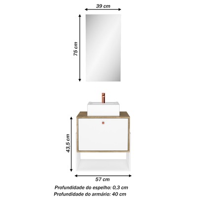 Armário de Banheiro Suspenso 60 Cm 1 Porta com Cuba Carvalho/Branco - Ozini Móveis