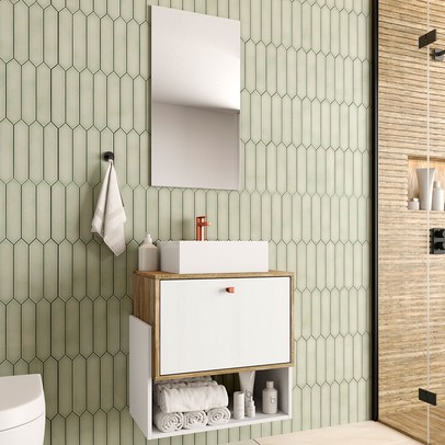 Armário de Banheiro Suspenso 60 Cm 1 Porta com Cuba Carvalho/Branco - Ozini Móveis