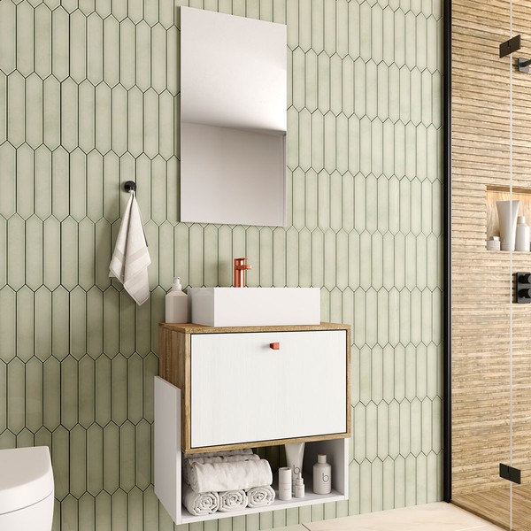 Armário de Banheiro Suspenso 60 Cm 1 Porta com Cuba Carvalho/Branco - Ozini Móveis