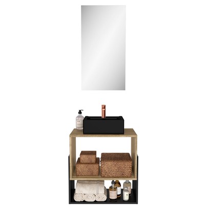 Armário de Banheiro Suspenso 60 Cm 1 Porta com Cuba Carvalho/Preto - Ozini Móveis