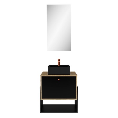 Armário de Banheiro Suspenso 60 Cm 1 Porta com Cuba Carvalho/Preto - Ozini Móveis