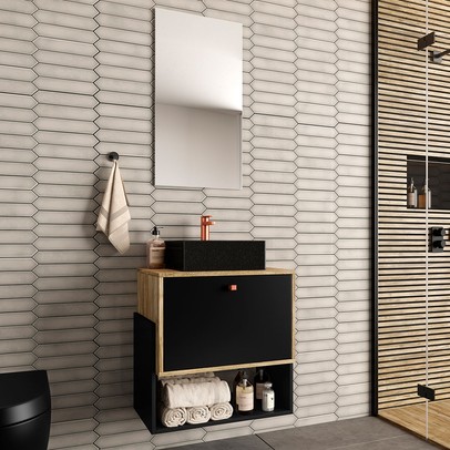Armário de Banheiro Suspenso 60 Cm 1 Porta com Cuba Carvalho/Preto - Ozini Móveis