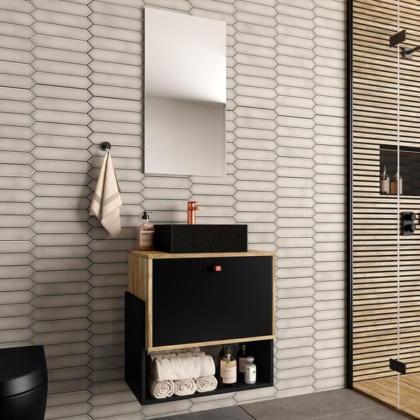 Armário de Banheiro Suspenso 60 Cm 1 Porta com Cuba Carvalho/Preto - Ozini Móveis