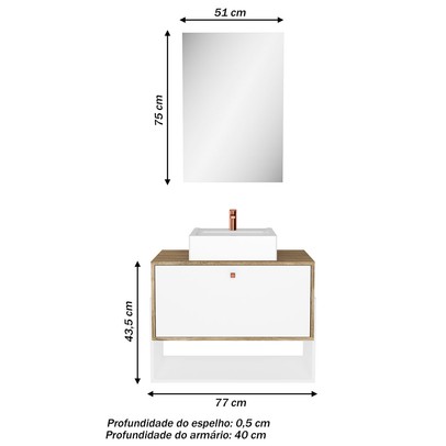 Armário de Banheiro Suspenso 80 Cm 1 Porta com Cuba Carvalho/Branco - Ozini Móveis