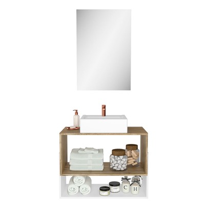 Armário de Banheiro Suspenso 80 Cm 1 Porta com Cuba Carvalho/Branco - Ozini Móveis