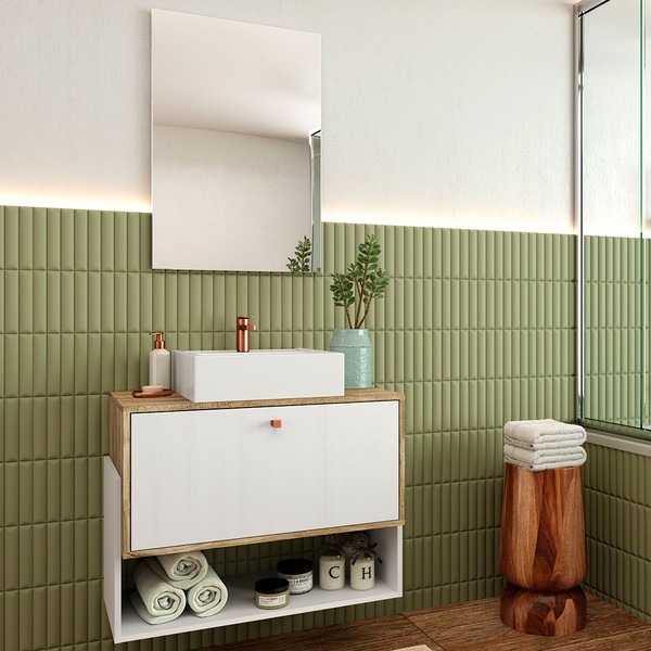 Armário de Banheiro Suspenso 80 Cm 1 Porta com Cuba Carvalho/Branco - Ozini Móveis