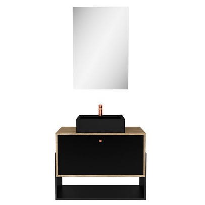 Armário de Banheiro Suspenso 80 Cm 1 Porta com Cuba Carvalho/Preto - Ozini Móveis