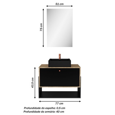 Armário de Banheiro Suspenso 80 Cm 1 Porta com Cuba Carvalho/Preto - Ozini Móveis