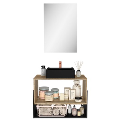 Armário de Banheiro Suspenso 80 Cm 1 Porta com Cuba Carvalho/Preto - Ozini Móveis