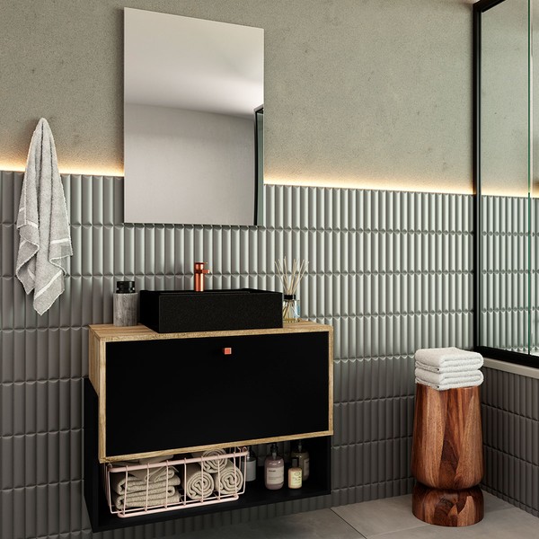 Armário de Banheiro Suspenso 80 Cm 1 Porta com Cuba Carvalho/Preto - Ozini Móveis