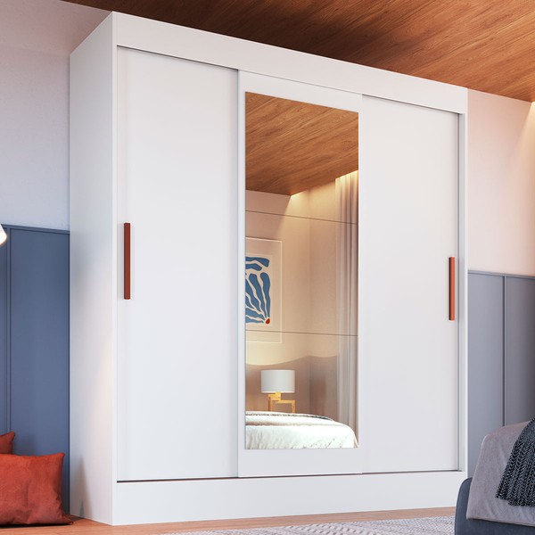 Guarda-Roupa Solteiro Marselha 3 Portas 2 Gavetas com Espelho Branco - Doripel Móveis